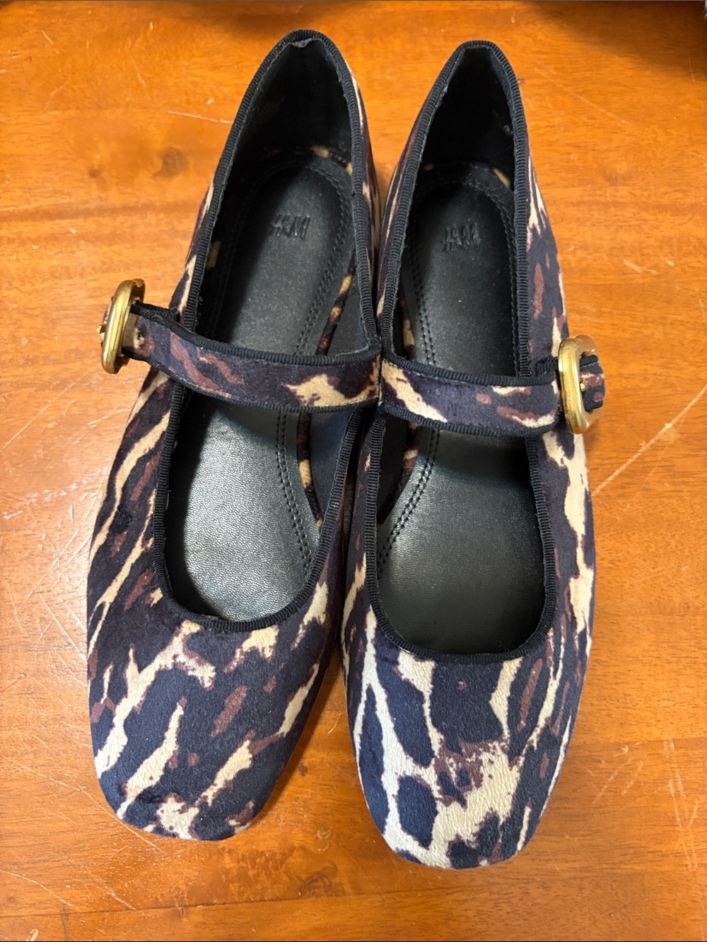 H&M Navy and Cream Leopard Print Mary Jane Flats with Gold Buckle